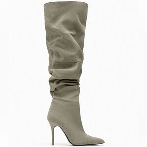 Zara Slouchy Denim Knee-High Boots in Khaki